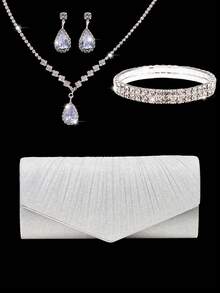 4pcs Evening Bag Set, Necklace, Earrings And Bracelet Combination, Elegant Women's Pleated Clutch Bag, V-Shaped Flap Envelope Clutch With Detachable Metal Chain, Suitable For Evening, Wedding And Party Occasions - Silver - View 1