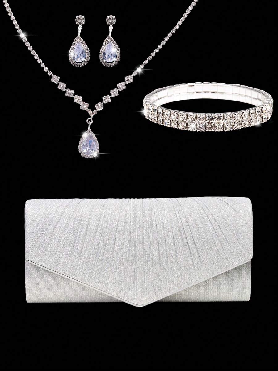 4pcs Evening Bag Set, Necklace, Earrings And Bracelet Combination, Elegant Women's Pleated Clutch Bag, V-Shaped Flap Envelope Clutch With Detachable Metal Chain, Suitable For Evening, Wedding And Party Occasions - Silver - View 1
