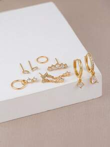 Juego de 8 piezas de pendientes de estrella con circonita cúbica incrustada, pendientes para múltiples perforaciones de oreja, adecuados para uso diario de mujeres, citas, festivales de música y capas - Amarillo Oro - Ver 3
