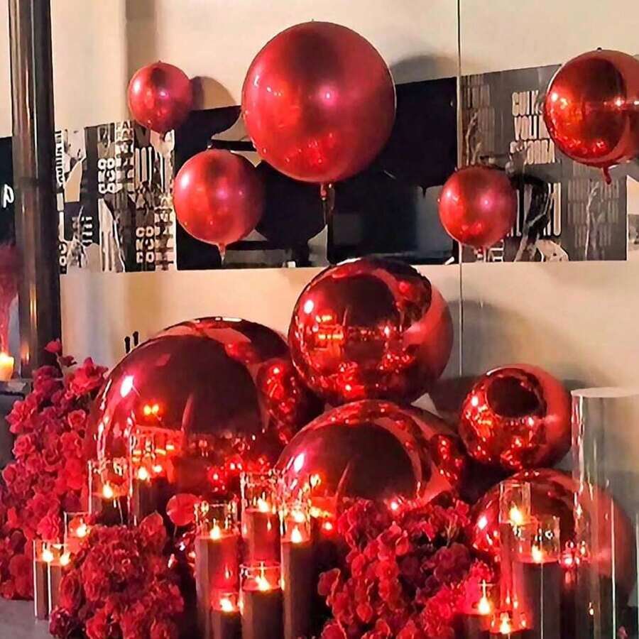 Iridescent Foil Round Balloons (1 X 22 Inch, 3 X 12 Inch, 3 X 10 Inch), 4D Spherical Balloons, For Wedding, Birthday, Valentine's Day, Anniversary, Mother's Day, Father's Day, Graduation Decorations - 紅色的 - 查看 1