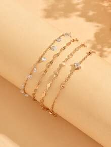 4pcs/Set Minimalist Versatile Women's Foot Jewelry Rhinestone Tassel Decor Gold Color Chain Anklets Fashion All-Match Multi-Layer Stacked Anklets Suitable For Daily Wear, Photos, Dates, Vacations, Chain Length Cut By Section, Number Of Sections Not Fixed - Multicolor - View 3