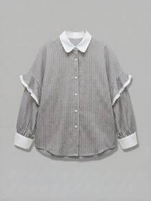 New Fashionable & Elegant Patchwork Contrast Color Button Ruffle Trim Striped Long Sleeve Casual Mid-Length Shirt, Suitable For Vacation, Office, Daily Wear, Travel Spring - Black and White - View 6