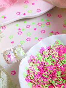 5g Powder Green Star-Shaped Glitter Nail Art Decor, Cute Fluorescent Five-Pointed Star Nail Art Accessories, DIY Summer Women's Nail Salon Nail Decoration Nail Charms - Multicolor - View 2