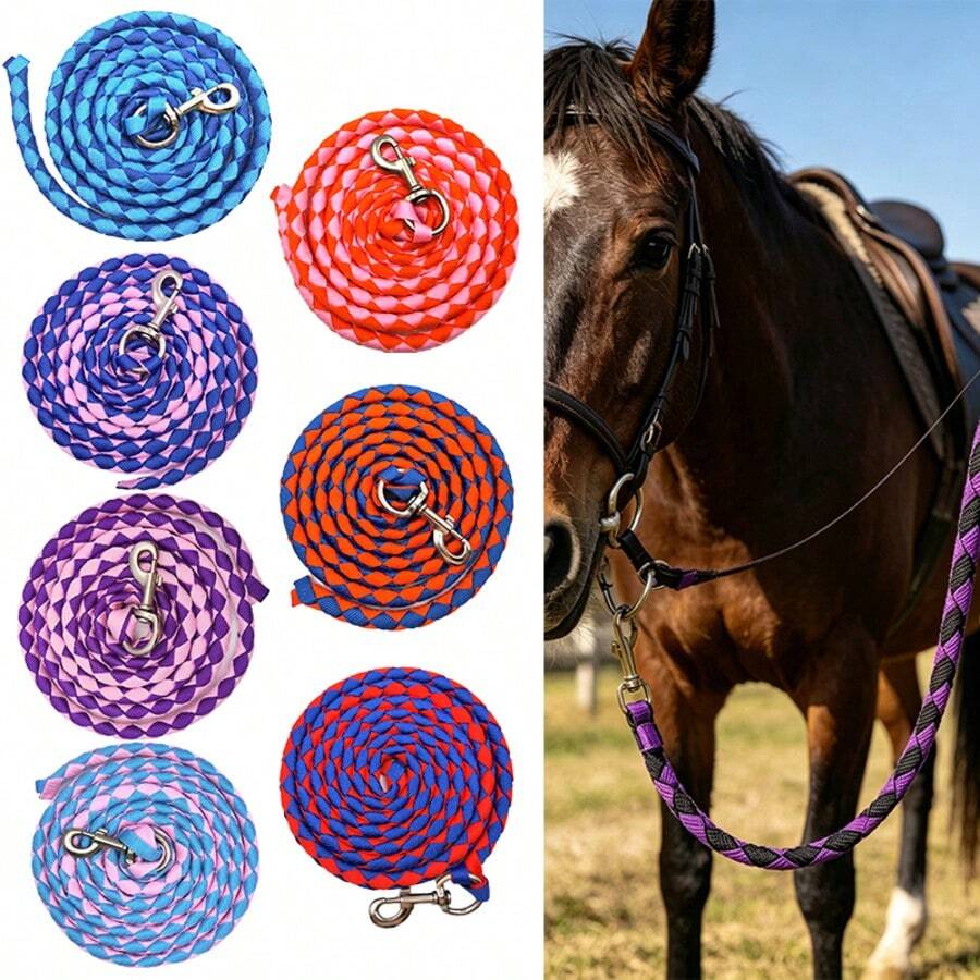 Cuerda de guía de caballo de nylon tejida a mano, resistente al desgaste y anti-tirones, cuerda de guía ecuestre, cuerda de entrenamiento de amarre de caballo de rancho para exteriores, cuerda de entrenamiento resistente y suave, adecuada para uso de entrenamiento de equitación ecuestre - Multicolor - Ver 1