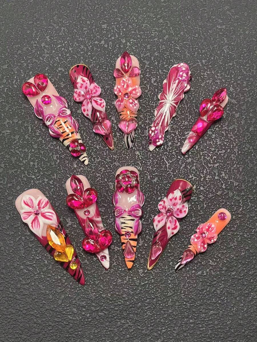 10件純手工穿戴式精緻高跟超長美甲，多色立體造型膠雕工藝，時尚百搭，適合女性穿戴，三種尺寸可選 - 彩色 - 查看 1