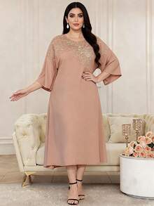 Heavy Embroidery Gold Arabic Women's Summer Mocha Brown Elegant Dress, JALABIA Ruffle Trim 3/4 Sleeve, Summer Casual Party Outfit - Mocha Brown - View 5