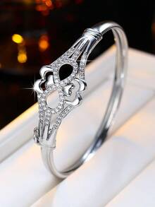 1pc Luxury Hollow Heart Zirconia Inlaid Bracelet For Women, Delicate Open Cuff Bangle, Niche Design Versatile Jewelry Gift - Bracelet - View 2