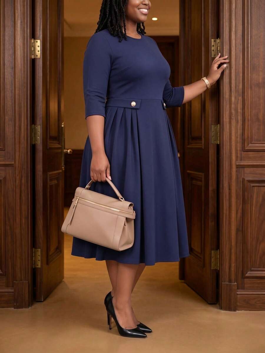 NOU elegantes Damenkleid mit Rundhalsausschnitt, 3/4-Ärmeln, plissiertem Design, A-Linie und taillierter Taille, mittellang, schmeichelhafte Silhouette, geeignet für Büro, Nachmittagstee, Kirche, Lehreroutfit, Kirchenkleidung, Kirchenkleid, Schulanfang, Urlaub, Büro, Alltag, Date, Arbeitsplatz, Geburtstagsparty, Casual, Herbstkleidung, Herbstkleid - Königsblau - Übersicht 1