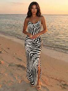 Abito lungo estivo sexy e alla moda da donna, con stampa classica in bianco e nero a motivo zebrato, adatto per resort e spiaggia. Abito leggero e casual in chiffon con stampa floreale, spalline sottili, adatto per vacanze al mare, spiaggia, vacanze estive, viaggi e festival. - Multicolore - Visualizzare 1