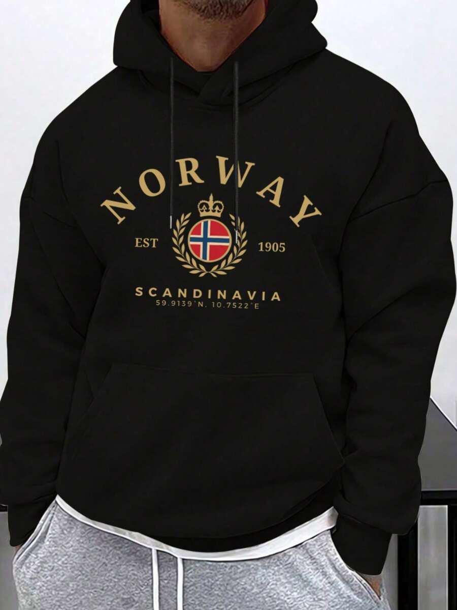 Hombre003 Sudadera con capucha gráfica para hombre 'Noruega Escandinavia'  Color negro, casual, con cordón y bolsillo canguro - Negro - Ver 1