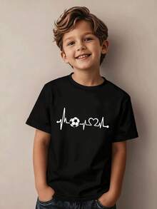 Boys' Crew Neck T-Shirt, Modern Design With Football Heart And ECG Line - Casual Sportswear, Suitable For Children Ages 5-13, Perfect For Holidays - Black - View 1