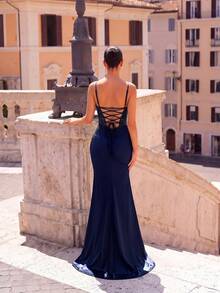 ADYCE Robe de soirée élégante à bretelles fines, faite main, avec décalcomanie, fente, dos nu, lacets, traînant au sol, pour soirée, rendez-vous, retour à la maison, invitée de mariage, fête formelle - Bleu marine - Voir 2