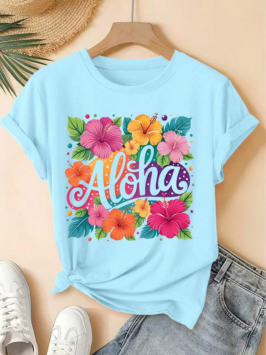 Ropa de Mujer a la Moda 2026, Camiseta Vintage de Manga Corta con Cuello Redondo y Estampado Colorido de Flores de Hibisco Tropical Aloha, Estilo Bosque Fresco, Top Holgado, Moda Elegante pa - Azul cielo - Ver 1