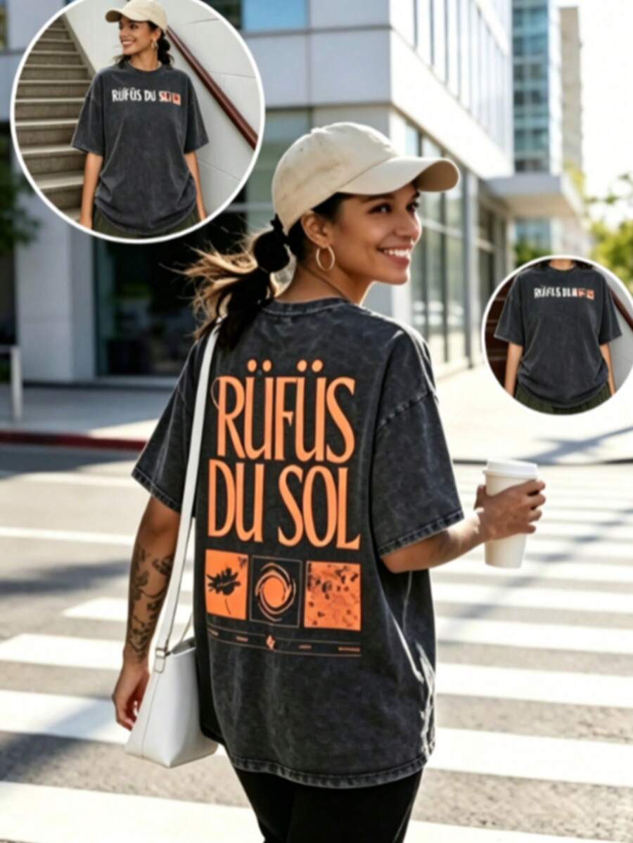Summer TopsVintage Washed Oversized Black Tshirt Graphic Men Women Clothing Rufus Du Sol, Leaf, Circle, Texture American Vintage Rufus Du Sol 2025 Concert Shirt Summer New Streetwear Mens And Womens TShirtLoose And Comfortablesummer Clothes - 黑色 - 查看 1