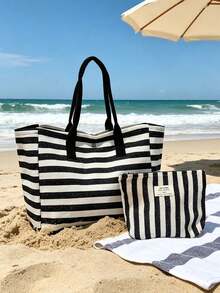 Large Capacity Black And White Striped Beach Tote Bag, Foldable Canvas Shoulder Bag, Waterproof And Sandproof Travel Bag, Suitable For Summer Essentials, Perfect For Beach Trips, Swimming, Shopping And Daily Use, Suitable For Women, Travelers And Beach Lovers, Perfect For Spring Break, Easter, Mother's Day, Teacher's Day, Graduation Season, Back To School, Christmas, Vacation And Gifts, Woven Material, Can Be Used As Beach Bag, Shopping Bag And Travel Companion, Best Travel Partner For Women - Multicolor - View 2