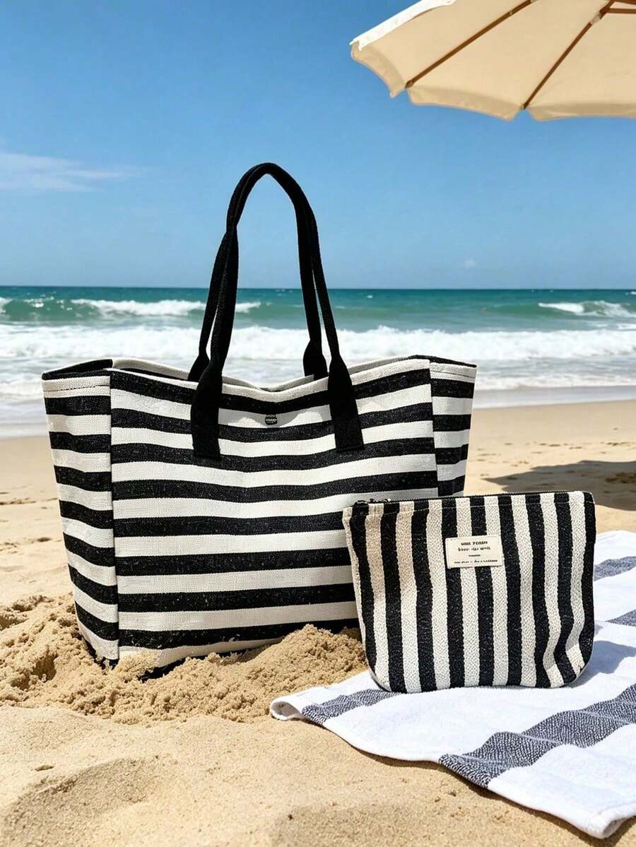 Large Capacity Black And White Striped Beach Tote Bag, Foldable Canvas Shoulder Bag, Waterproof And Sandproof Travel Bag, Suitable For Summer Essentials, Perfect For Beach Trips, Swimming, Shopping And Daily Use, Suitable For Women, Travelers And Beach Lovers, Perfect For Spring Break, Easter, Mother's Day, Teacher's Day, Graduation Season, Back To School, Christmas, Vacation And Gifts, Woven Material, Can Be Used As Beach Bag, Shopping Bag And Travel Companion, Best Travel Partner For Women