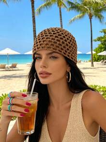 1pc Women's Spring/Summer Thin Hollow Out Sequin Decor Handmade Crochet Knit Hat, Suitable For Spring/Summer/Autumn Daily Outdoor Outfits, Random Sequin Color - Small Sequin Cutouts - View 6