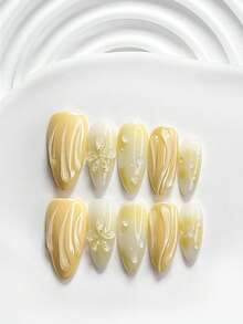10片裝休閒風手工穿戴甲，Polygel美甲套組，水波紋花卉圖案，黃色指甲油，清新優雅風，附美甲工具，3種尺寸可選，方型/短方型/杏仁形，適合派對、跳舞、日常配戴 - 彩色 - 查看 3