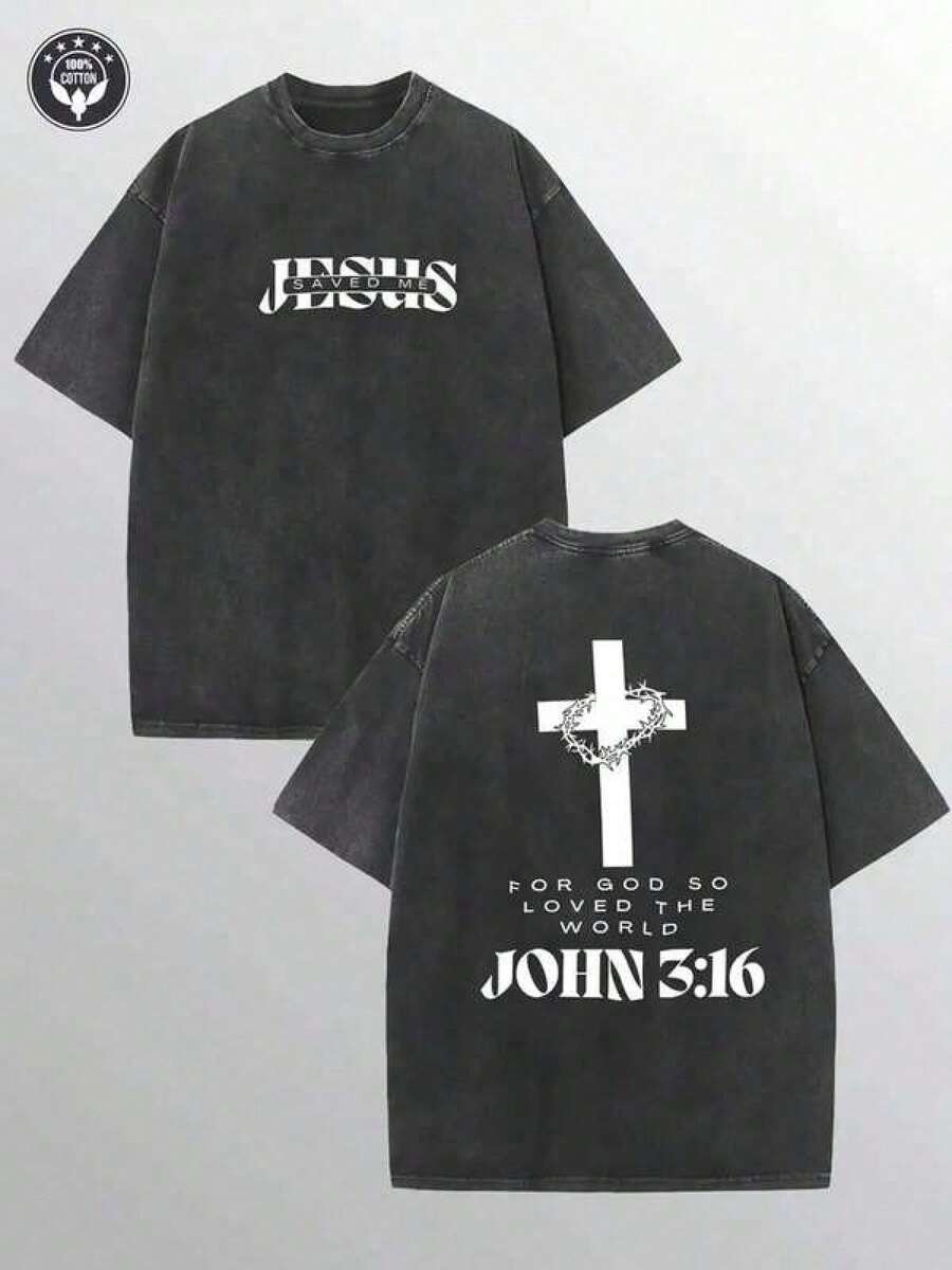 1 pieza, camiseta de algodón de doble cara con estampado "Jesus Saved Me" de 230 g, camiseta de marca de moda retro de algodón estampado con cera de alta calidad, adecuada para camisetas de - Negro - Ver 1
