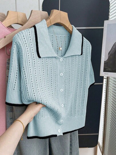 2026 Nuevo Cárdigan de mujer de punto con cuello polo, manga corta, ajuste holgado, con recorte de bloques de color en albaricoque, para primavera/verano, tops de verano