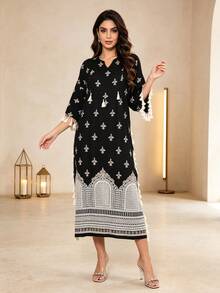 2026 Neuer Stil Ramadan traditionelles elegantes Kleid, goldbesticktes Perlenstickerei, Quasten Dekor, V-Ausschnitt, 3/4 Ärmel, schwarze Abaya Robe, luxuriös & modisch - Schwarz - Übersicht 7
