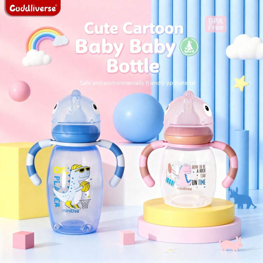 1件 150ml/270ml 卡通恐龍嬰兒奶瓶，雙把手，透明刻度，PP材質，防摔，適合日常使用，適合生日節日禮物