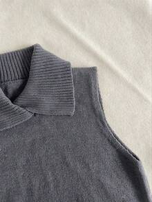 Spring/Summer New Autumn Women's Vacation Wear, Women's Summer Early Autumn Layering , Women's Knit Vest Grey Cross Collar Sleeveless Knit Tank Top Ribbed Loose Comfortable Casual Retro Daily Layering Preppy Style Lapel Elegant Street Commute Autumn Sweater Vest Tank Top Pullover Date Minimalist Solid Color - Grey - View 5