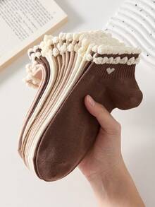 20/10/5 Pairs Heart Pattern Maillard Color Cute Women's Bubble Lace Short Socks, Comfortable Breathable Moisture-Wicking, Suitable For Sports And Casual Wear - Brown - View 5
