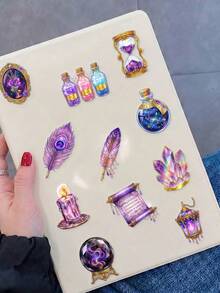 50pcs Purple Starry Sky Witch Style Stickers, Glitter Starry Sky Crystal And Magic Potion Stickers, Suitable For Scrapbooking, Planner Decoration And DIY Stationery Crafts - Fresh and Clean - View 4