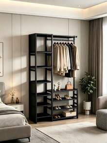 Multifunctional Metal Garment Rack With Multi-Tier Shoe Shelves & Side Storage, Space-Saving Freestanding Coat Organizer For Bedroom, Entryway, Dorm & Apartment, To Hang Clothes And Store Footwear & Daily Essentials - Multicolor - View 5