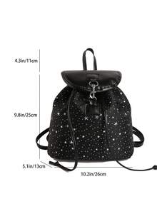 1pc Fashionable Cute Star Pattern Drawstring Flap Backpack, Polyester & PU Leather Patchwork Multifunctional Casual Day Bag, Girls/Teens/Students - Multicolor - View 3