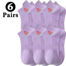 1/2/3/4/5/6 Paar rutschfeste Pilates-Socken für Damen, Yoga-Bootssocken, bequem, weich, verschleißfest, Sport-Grip-Socken mit frischem Wassermelonen-Muster Stickerei, geeignet für Pilates, Yoga, Fitness usw., ideale Geschenke für Pilates-Enthusiasten. - Violett - Übersicht 7