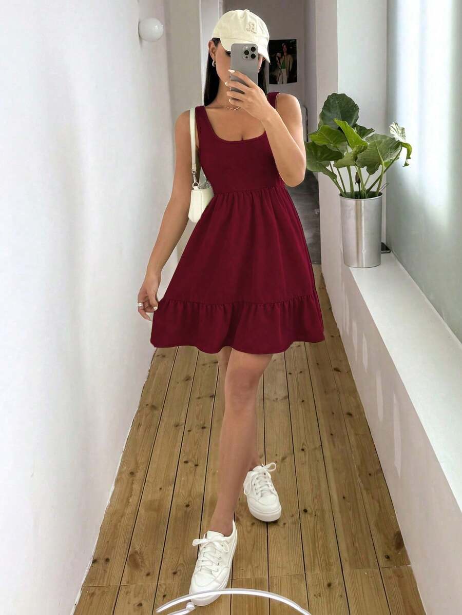 Unity Vestido sin mangas de punto acanalado y parcheado unicolor para mujer - Burdeos - Ver 1