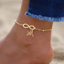 1pc New Fashion Infinite Symbol Initial Golden Stainless Steel Bead Chain Anklets For Women - Golden Letters - View 1
