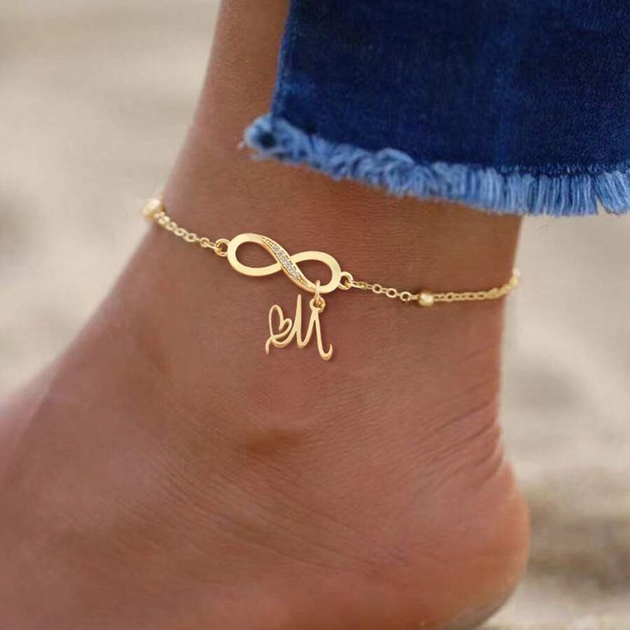 1pc New Fashion Infinite Symbol Initial Golden Stainless Steel Bead Chain Anklets For Women - Golden Letters - View 1