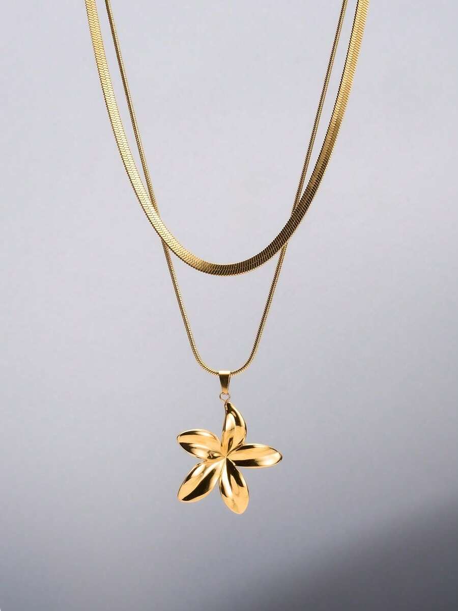 1 pieza Collar colgante elegante de lujo de acero inoxidable chapado en oro de 18K con diseño floral 3D de doble capa apilada, hipoalergénico, adecuado para el uso diario de mujeres, citas, moda versátil y opción de regalo - Dorado - Ver 1