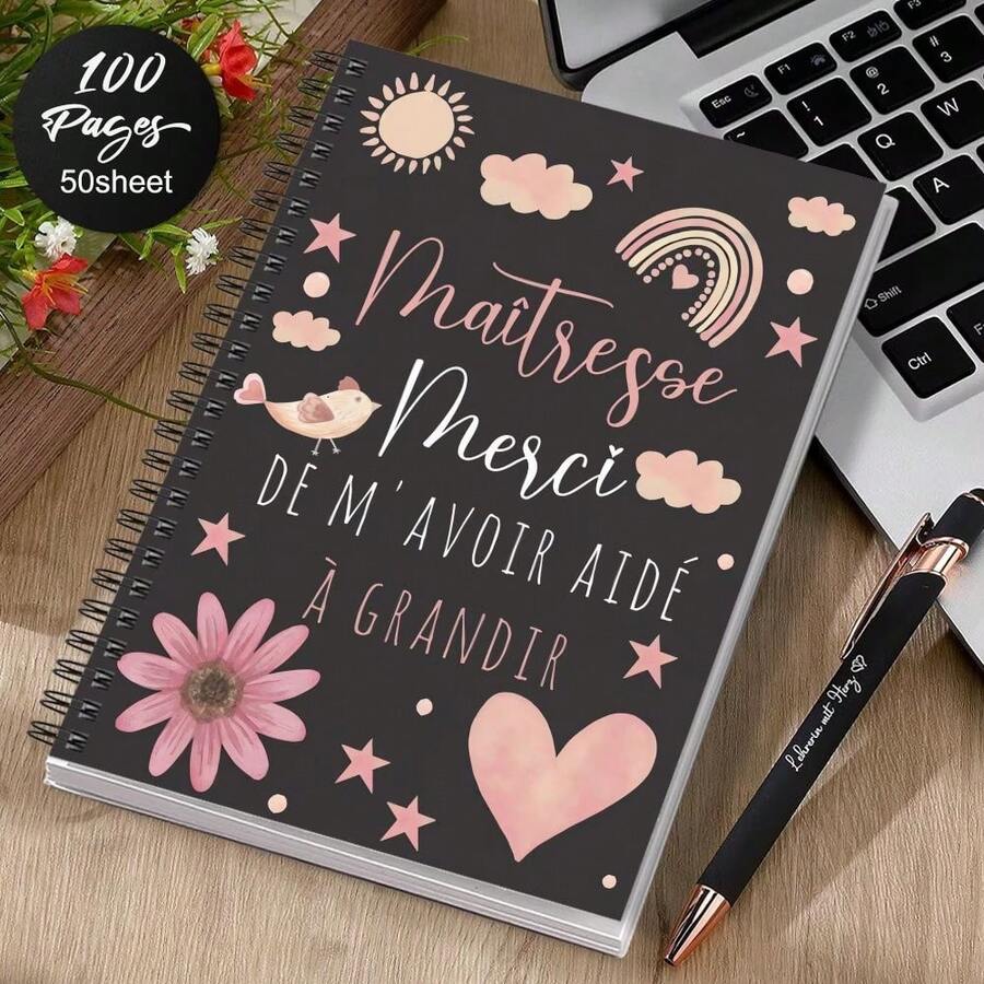 1pc French Teacher Appreciation Spiral Notebook Diary - Inspirational Teacher Gift With Sun, Cloud, Star, Rainbow, Bird And Heart Patterns - Perfect Graduation Or Birthday Gift - J - View 1