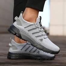 Men's Striped Print Running Sneakers, Lightweight Breathable Knit Upper, Non-Slip Sports Shoes, Suitable For All Seasons - Y588 Gray - View 5