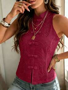 Women's Sleeveless Regular Length Stand Collar Top, Hollow Out Pattern Design, Frog Button Detail, Woven Fabric Casual Style - Burgundy - View 4