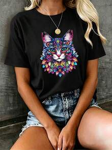 Camiseta de moda con estampado de gato, patrón moderno que muestra un temperamento único - [Negro] - Ver 1