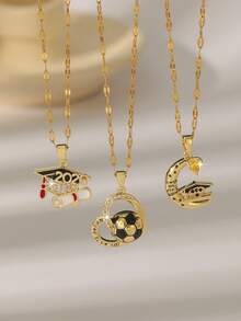 1pc Graduation Season Pendant Necklace, Gold "Never Give Up" Football And 2026 Graduation Cap And Moon Pendant Necklace, Student Gift - Gold - View 1