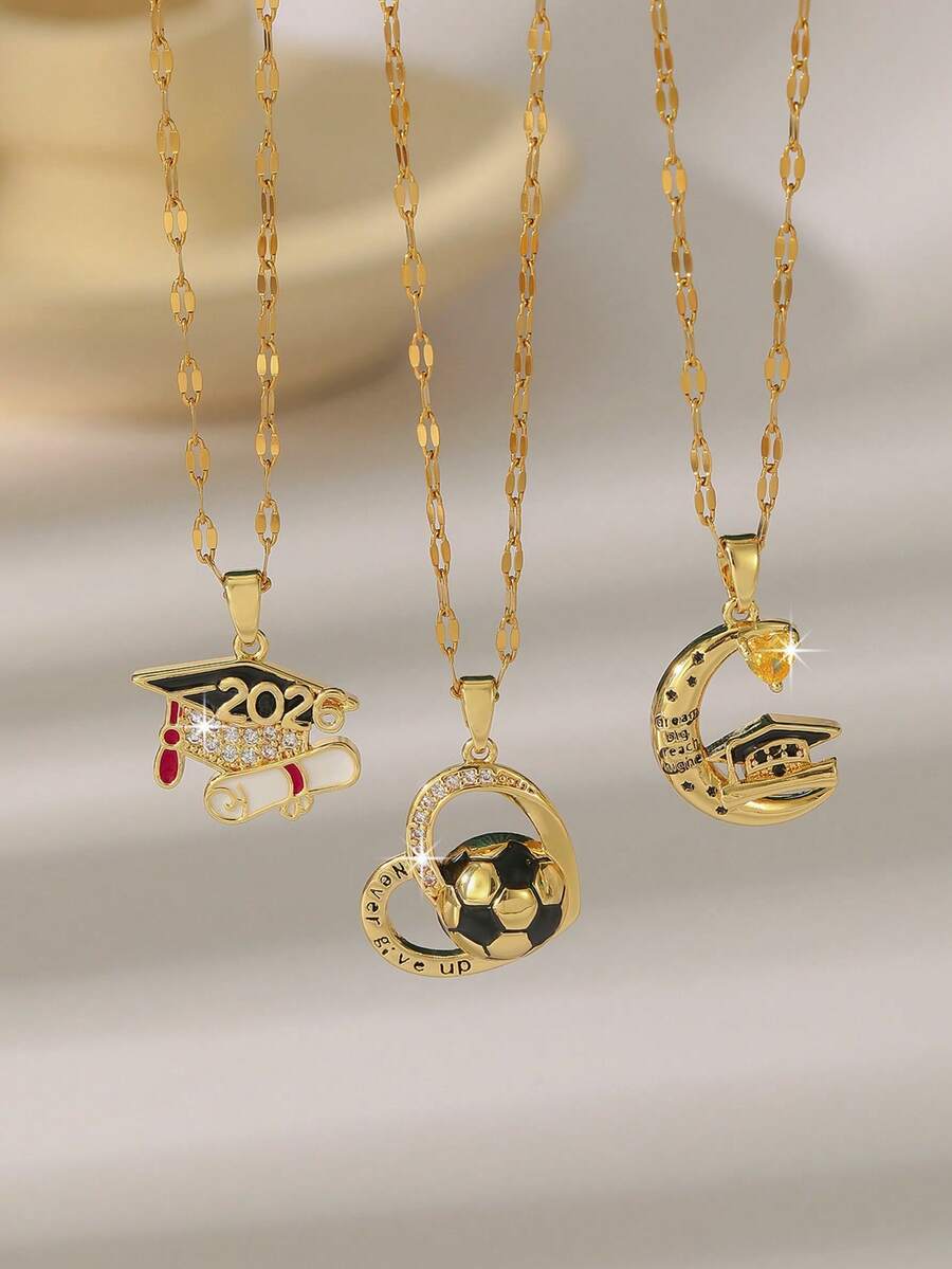 1pc Graduation Season Pendant Necklace, Gold "Never Give Up" Football And 2026 Graduation Cap And Moon Pendant Necklace, Student Gift - Gold - View 1