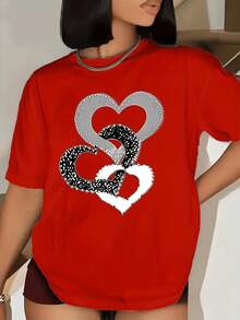 New Women's Short Sleeve T-Shirt Spring/Summer 2025, Simple And Elegant Design With Love Rings Print, Versatile Everyday T-Shirt With Round Neck, Circular Pattern - 紅色 - 查看 3