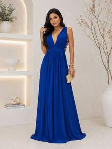 Cheap Bridesmaid Dress For Party Guests, Reception, Graduation, Without Shine, Open On The Side - Azul - Ver 1