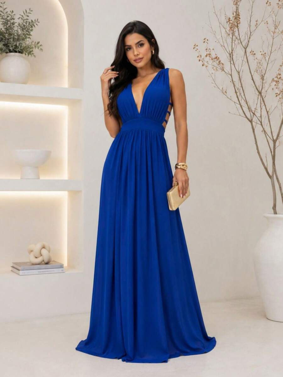 Cheap Bridesmaid Dress For Party Guests, Reception, Graduation, Without Shine, Open On The Side - Azul - Ver 1