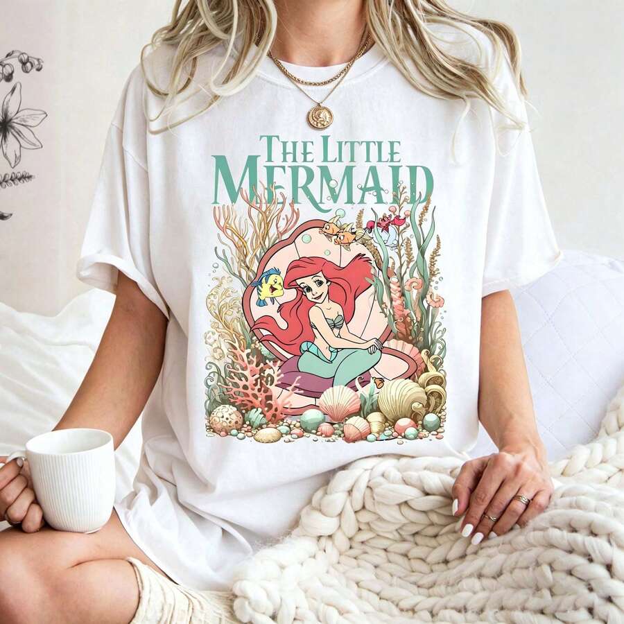 Vintage Ariel Shirt, Princess Shirt, Disney World Trip Tee, Mermaid Fan Gift Loose Oversize T-Shirt - White - View 1