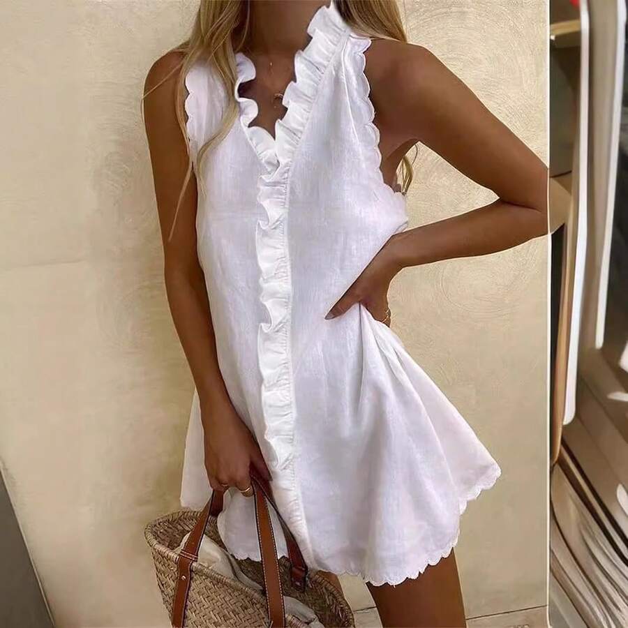 2026 Summer Sleeveless V Neck Ruffle Trim Mini Dress, Scalloped Hem Loose Linen Short Dress, Casual Beach Cover Up For Vacation & Daily Outfit - 白色 - 查看 1