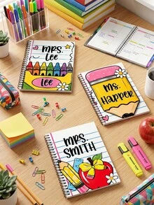 دفتر ملاحظات مسطح بطباعة أقلام تلوين ملونة ونص مخصص، مخطط مكتب للمعلم بتصميم شخصي، دفتر يوميات مطبوع برسومات كرتونية لطيفة لقلم التفاحة، هدية لمعلمي التعليم المنزلي والفصول الدراسية، 1 قطعة - متعدد الألوان - مشاهدة 5