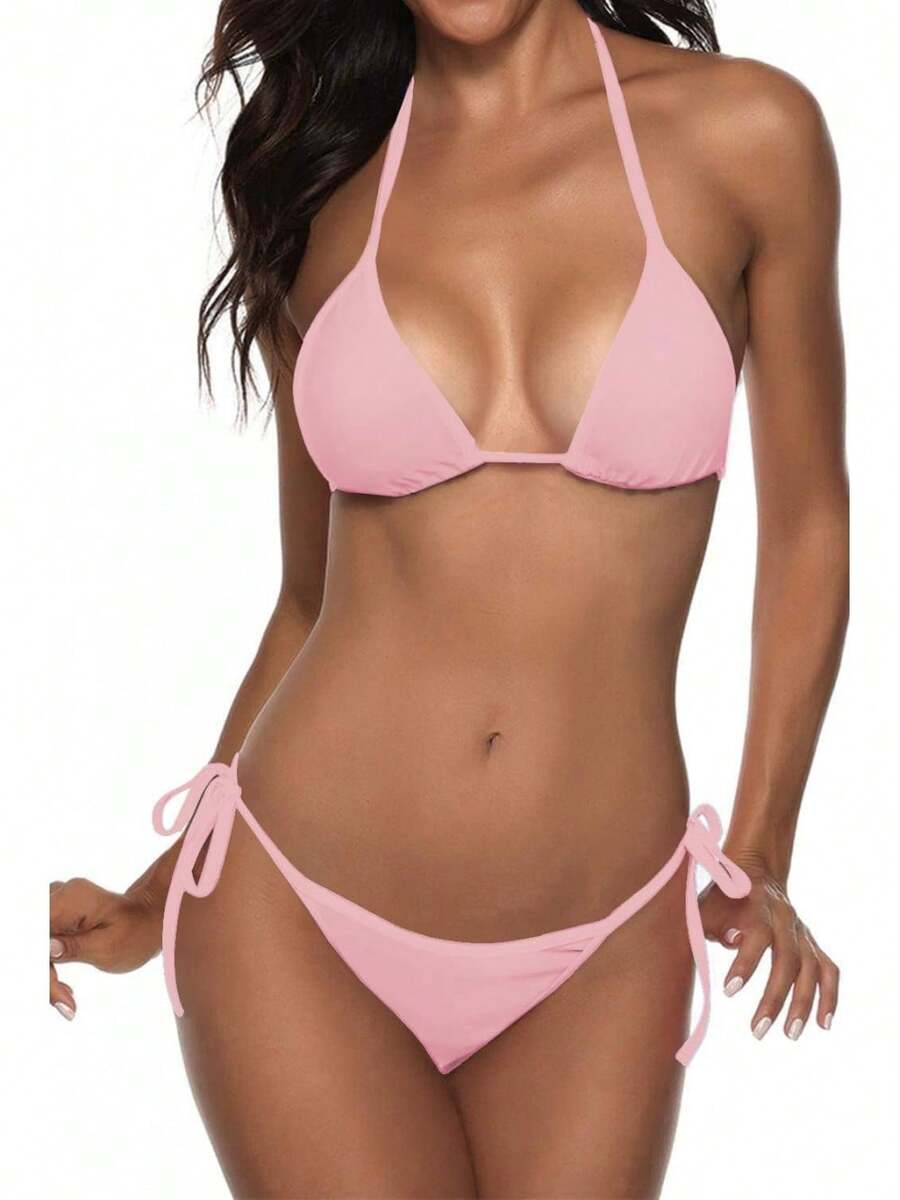 Women Two Piece Swimsuit Sexy Swimwear Halter String Triangle Bikini Sets - 淺粉色 - 查看 1