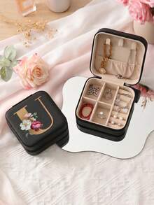 Letter PU Leather Portable Travel Jewelry Storage Box For Women, Stores Necklaces And Rings,Gift Ideas,Suitable For Home Storage And Commuting. - Flowers Letter 2 - View 11